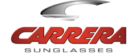 The image is a logo with the text  CARRERA SUNGLASSES  prominently displayed, featuring stylized lettering and a graphic element resembling a car wheel.