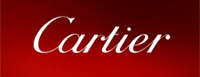 The image is a logo with the word  CARTIER  in bold, capitalized letters, set against a red background.