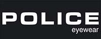 Eyewear brand advertisement featuring the logo of 'Police' and a pair of eyeglasses.