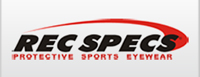 The image is a logo with the text 'REC SPECS' prominently displayed in white against a red background, featuring a stylized eye design and the words 'PROTECTIVE SPORTS EYEWEAR.