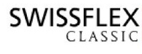 The image is a logo for Swiss Flex, a brand associated with the Swiss Classic Collection. It features the brand name in white text on a gray background, with a stylized letter 'S' to the left and a graphic element resembling a watch or clock hand to the right of the text.