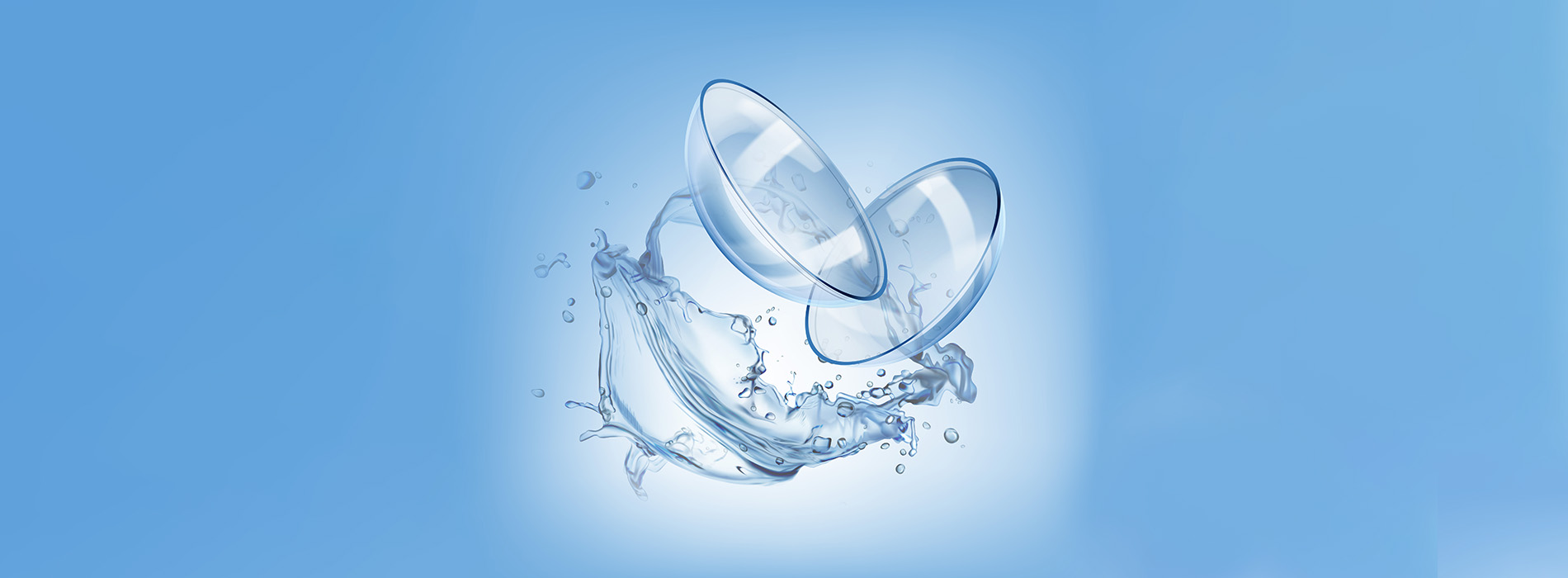 The image shows a clear blue sky with a water droplet in the foreground, and there is a blurred white object resembling a shell or flower-like shape floating above it.